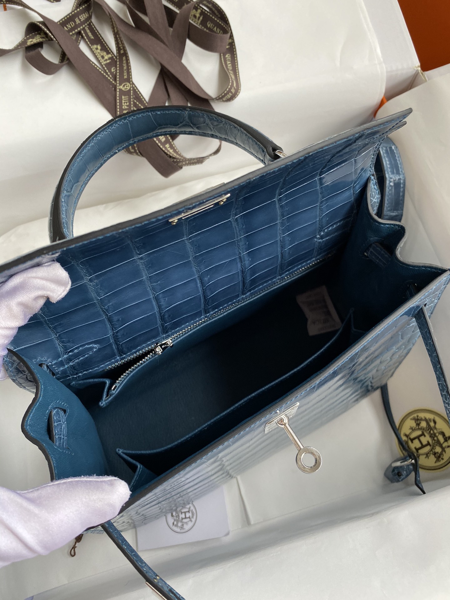 Hermes Kelly 25cm Handbag Shoulder Bag In Blue Jean Shiny Crocodile Niloticus Leather